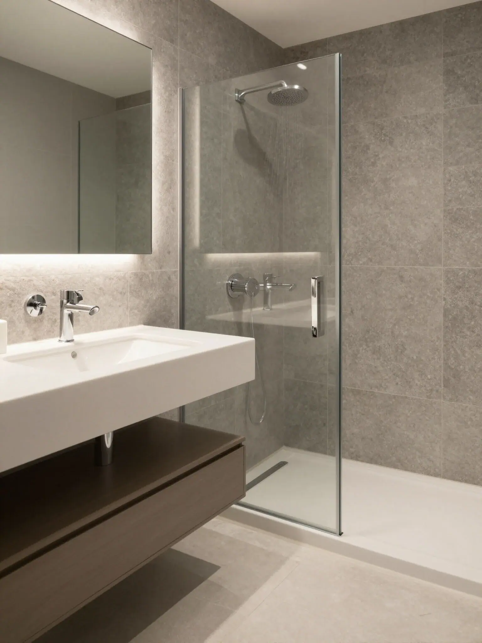 Remodeled master bathroom with natural stone and glass shower